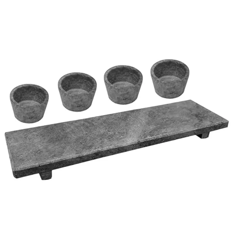 Kit Tabua Gourmet 30x10cm e 4 Molheiras 80ml em Pedra Sabão