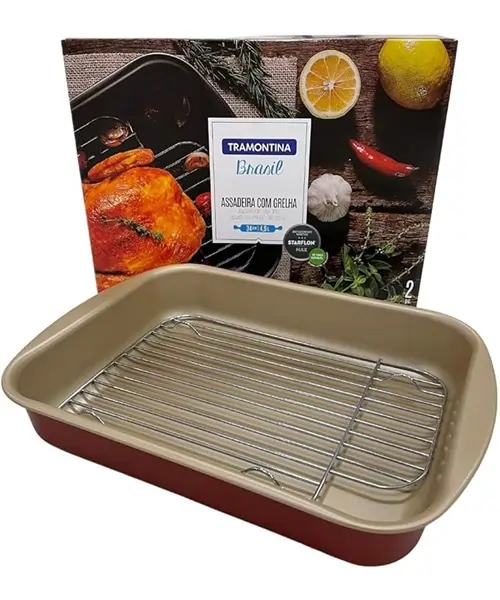 Tramontina 20048734 Assadeira com Grelha de Alumínio com Revestimento Interno Antiaderente, Vermelho, 34 cm