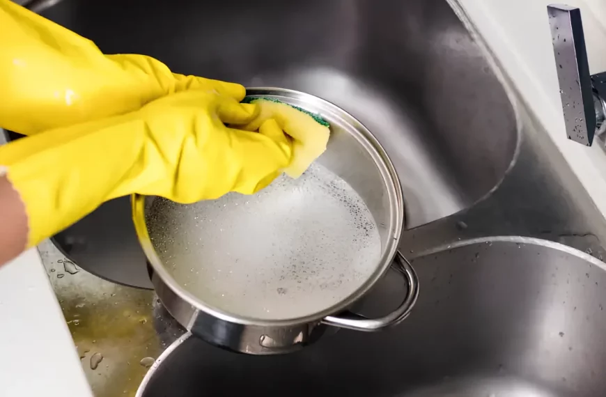 Uma pessoa limpando uma panela de alumínio.