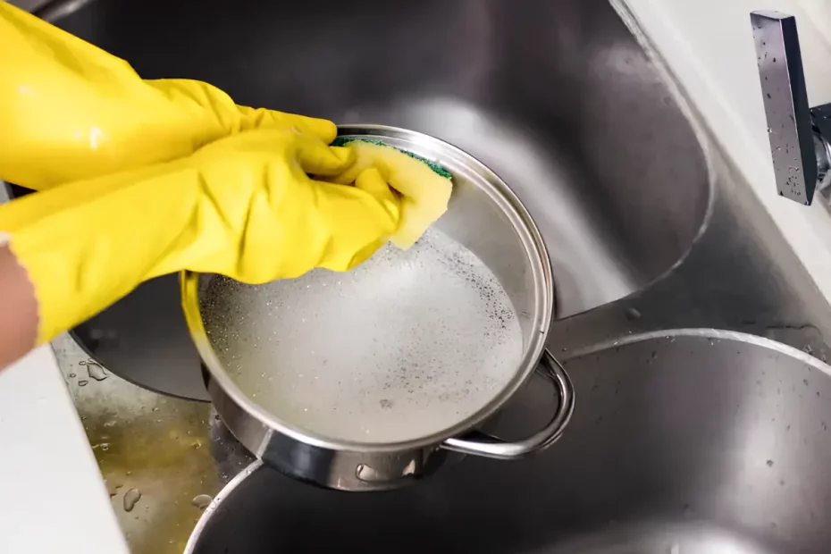 Uma pessoa limpando uma panela de alumínio.