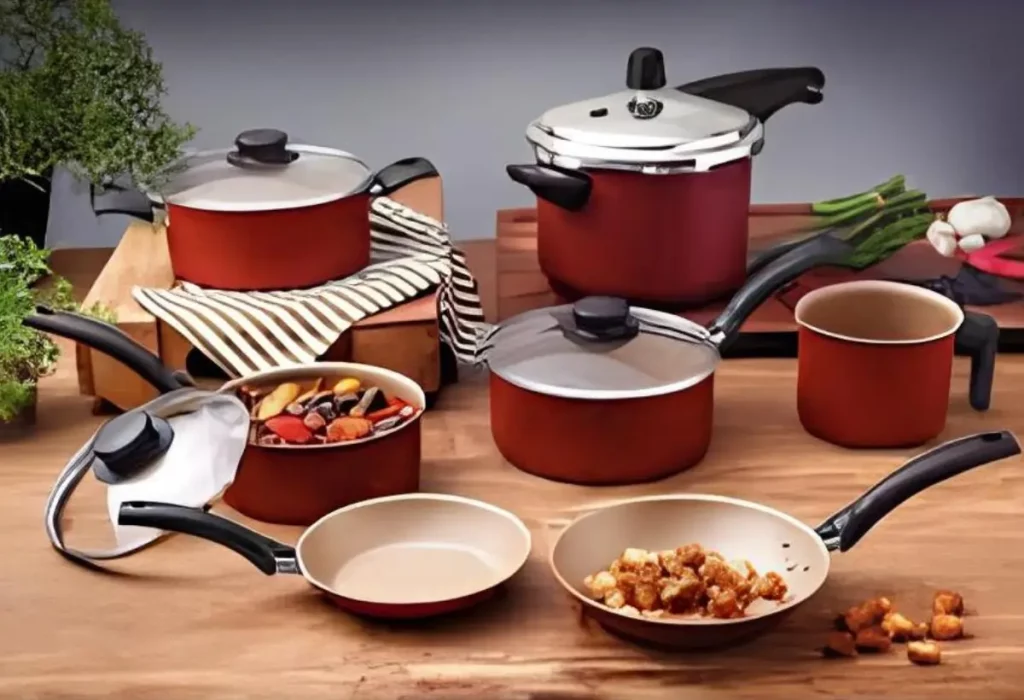 Um jogo de panela com panela de pressão incluso.