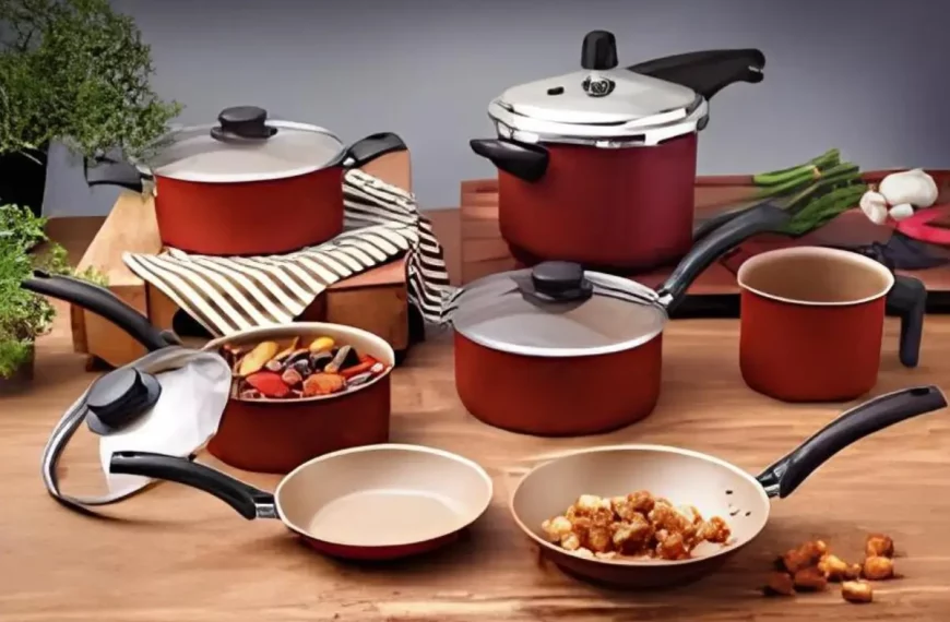 Um jogo de panela com panela de pressão incluso.