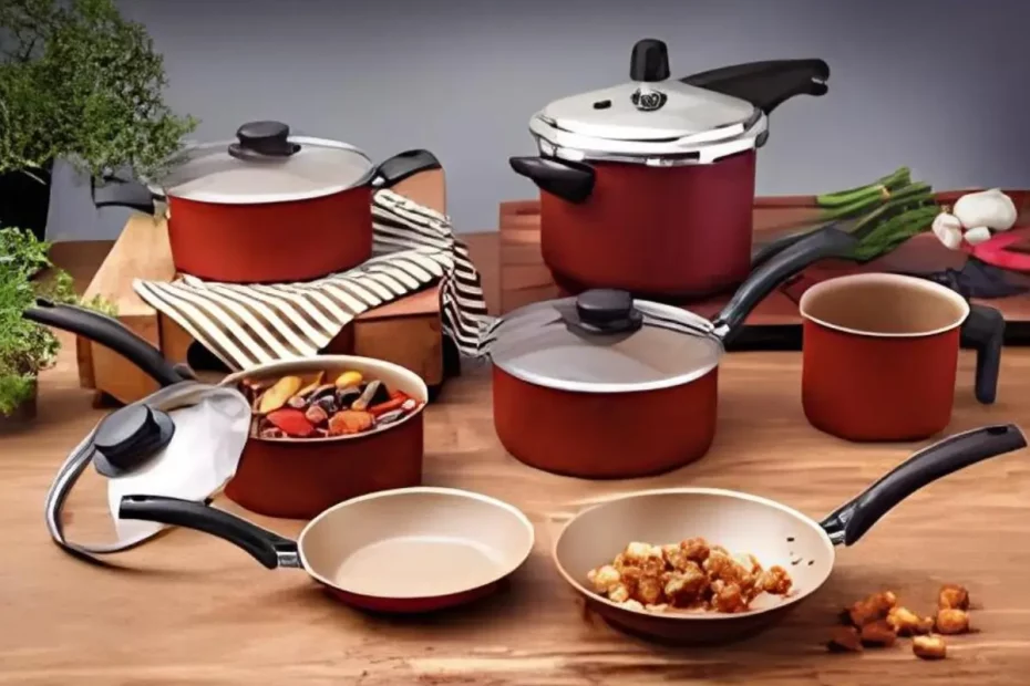 Um jogo de panela com panela de pressão incluso.