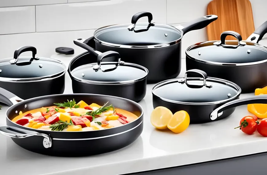 Um jogo de panela de alumínio com revestimento de cerâmica.