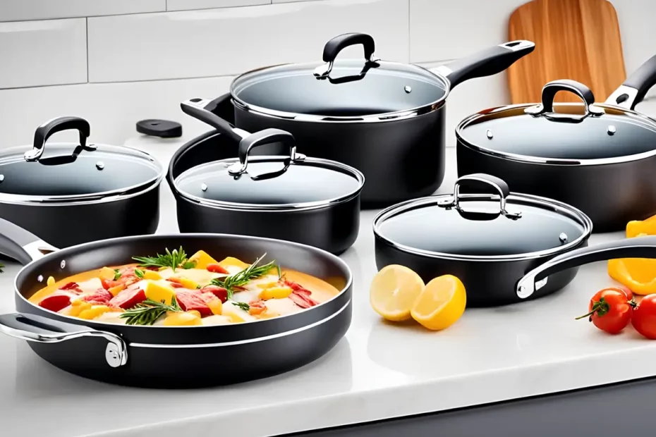 Um jogo de panela de alumínio com revestimento de cerâmica.