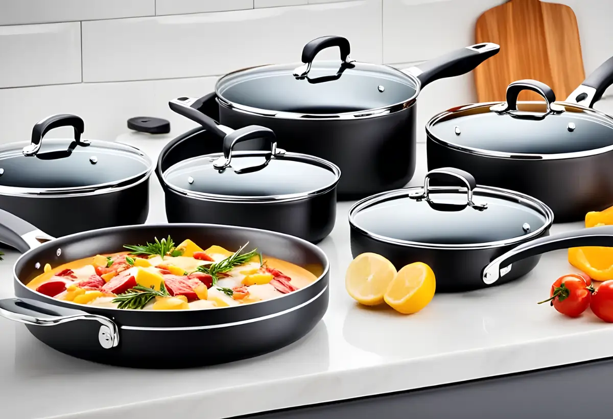 Um jogo de panela de alumínio com revestimento de cerâmica.