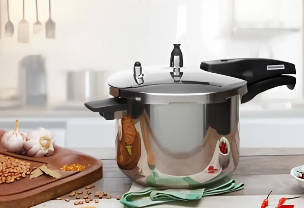 Uma panela de pressão moderna em cima de uma mesa.