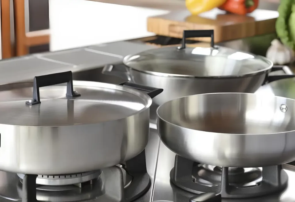Jogo de panela inox em cima de fogão.
