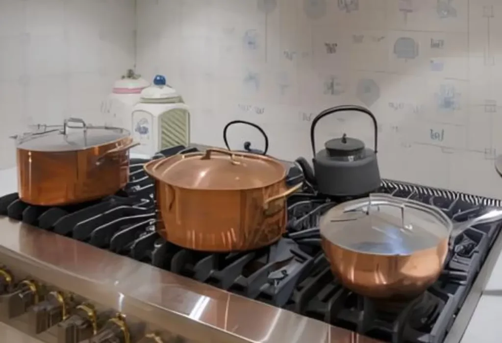 Uma fogão com panelas de cobre em cima.