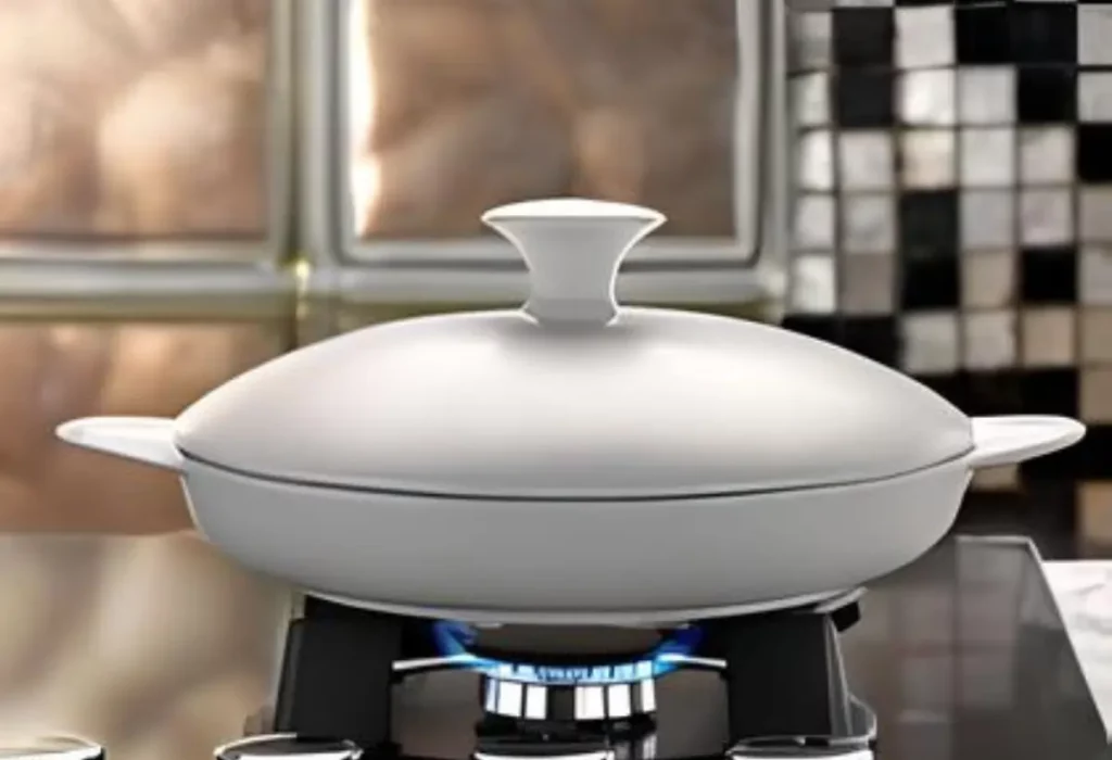 Panela de porcelana em um fogão.