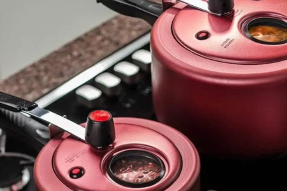 Um fogão com duas panelas de pressão com visor.