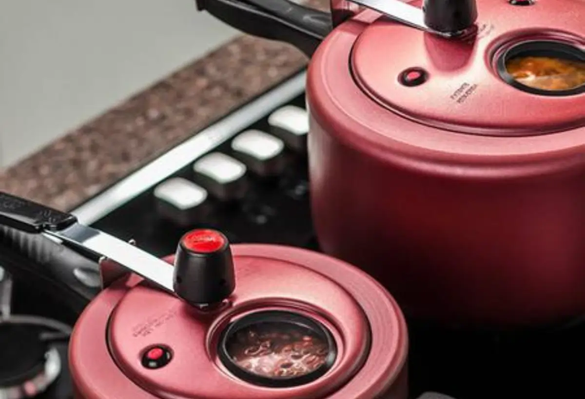 Um fogão com duas panelas de pressão com visor.