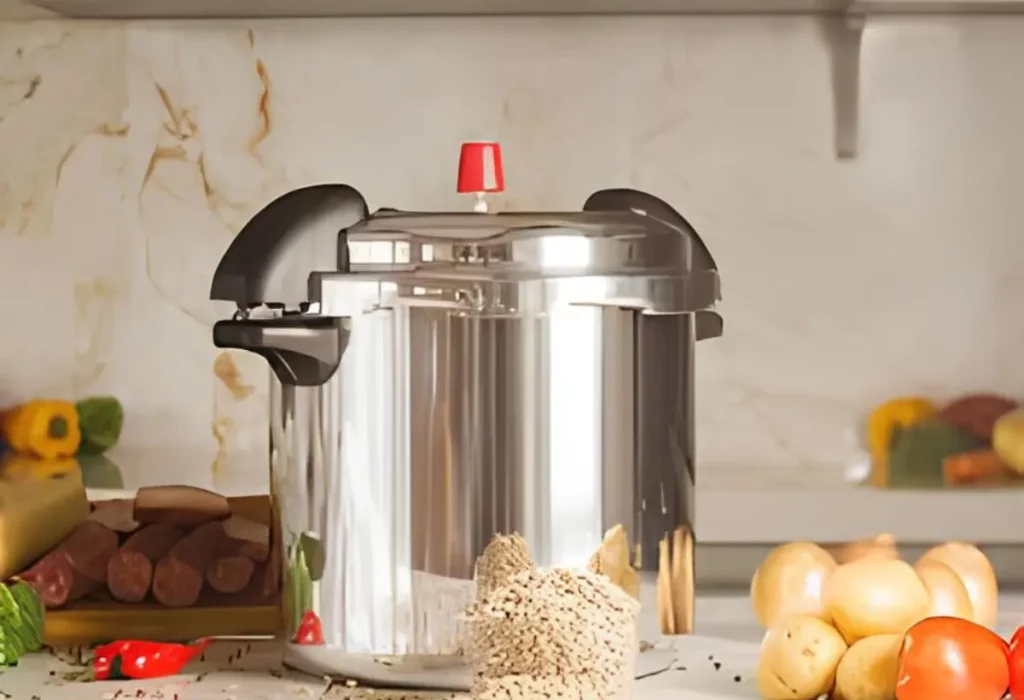 Uma panela de pressão industrial em cima de uma bancada.