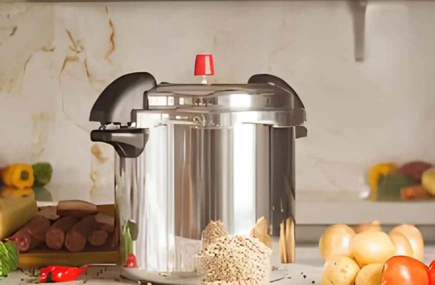 Uma panela de pressão industrial em cima de uma bancada.