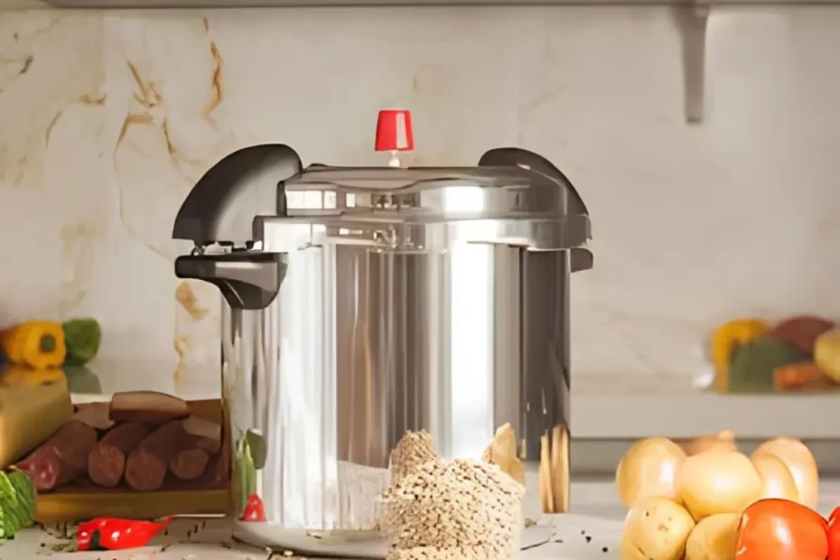 Uma panela de pressão industrial em cima de uma bancada.