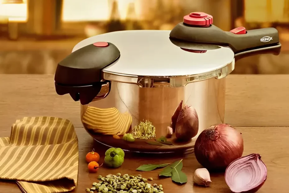 Uma panela de pressão por indução em cima de uma mesa.