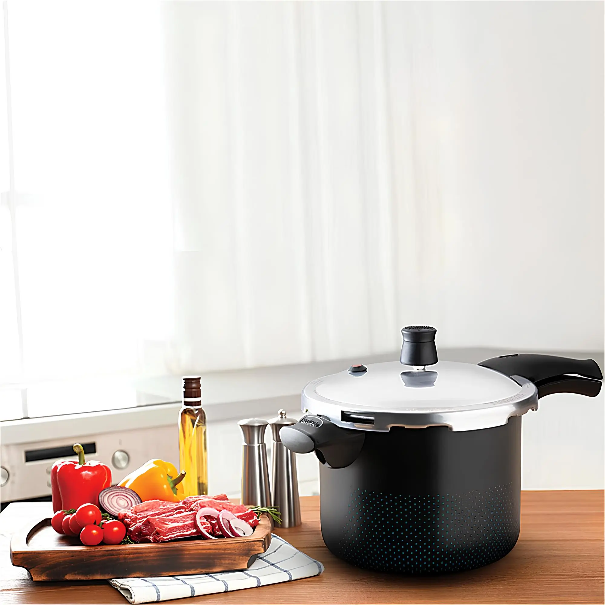 uma panela de pressão em uma de uma bancada.