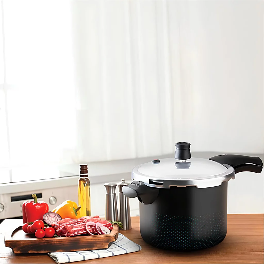 Panela de pressão rochedo em uma bancada na cozinha.