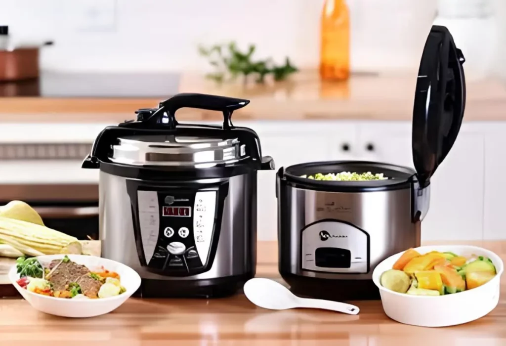 Dois tipos de panelas elétricas em cima de uma mesa.