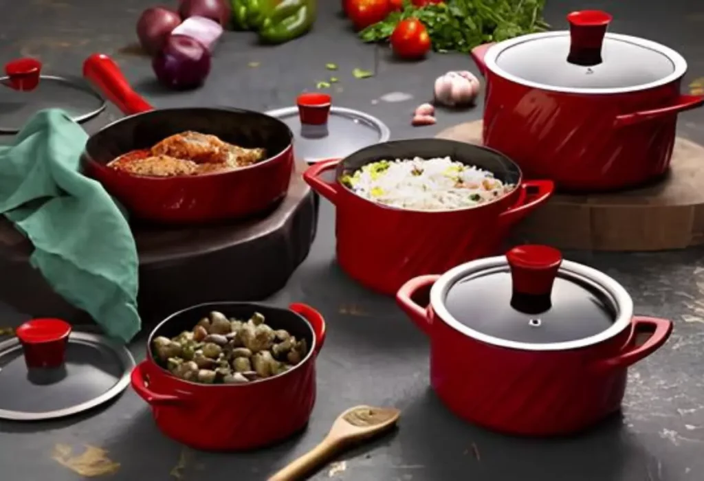 Jogo de panelas de cerâmica na cor vermelha.