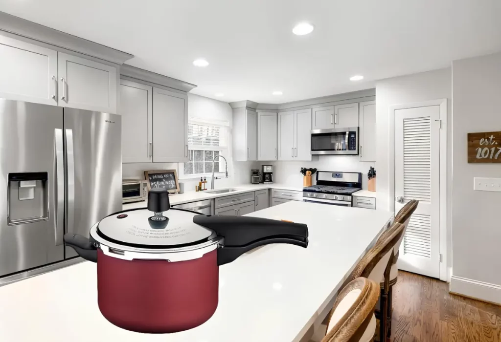 uma cozinha com uma bancada e uma panela de pressão em cima.