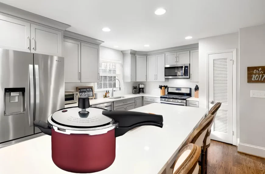 uma ban]cada de uma cozinha com uma panela de pressão em cima.