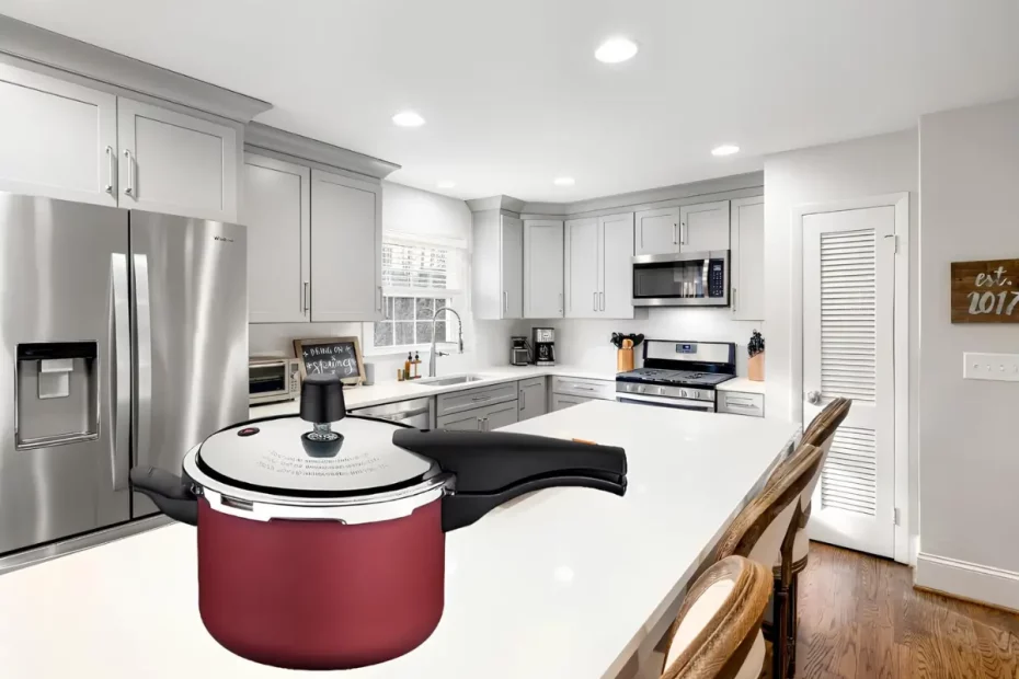 uma ban]cada de uma cozinha com uma panela de pressão em cima.