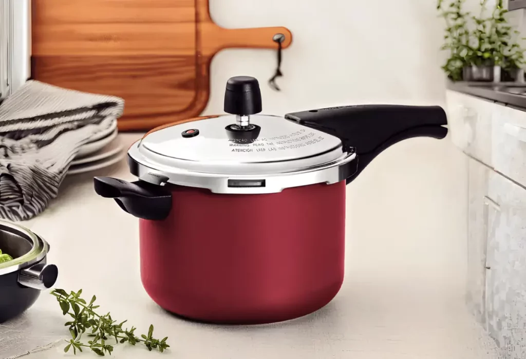 Panela de pressão marca Tramontina na cor vermelha.