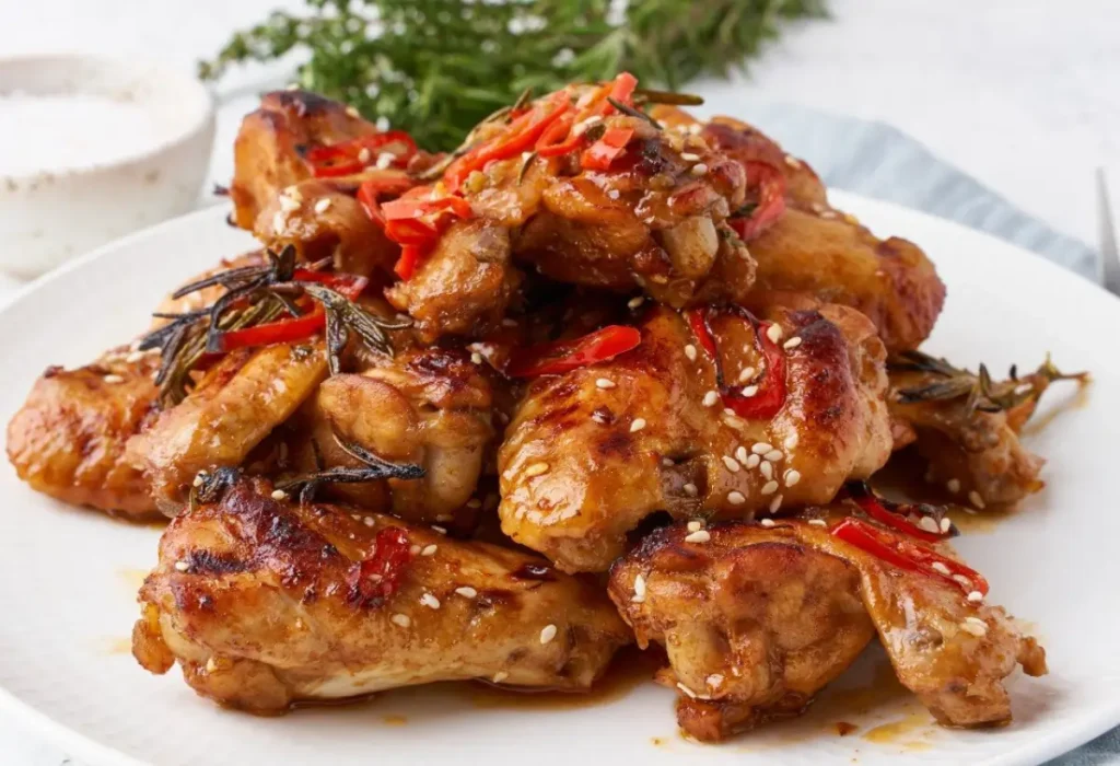 Um prato com frango feito na panela de pressão.