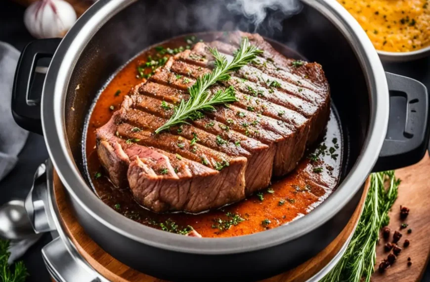 Uma picanha sendo feito na panela de pressão.