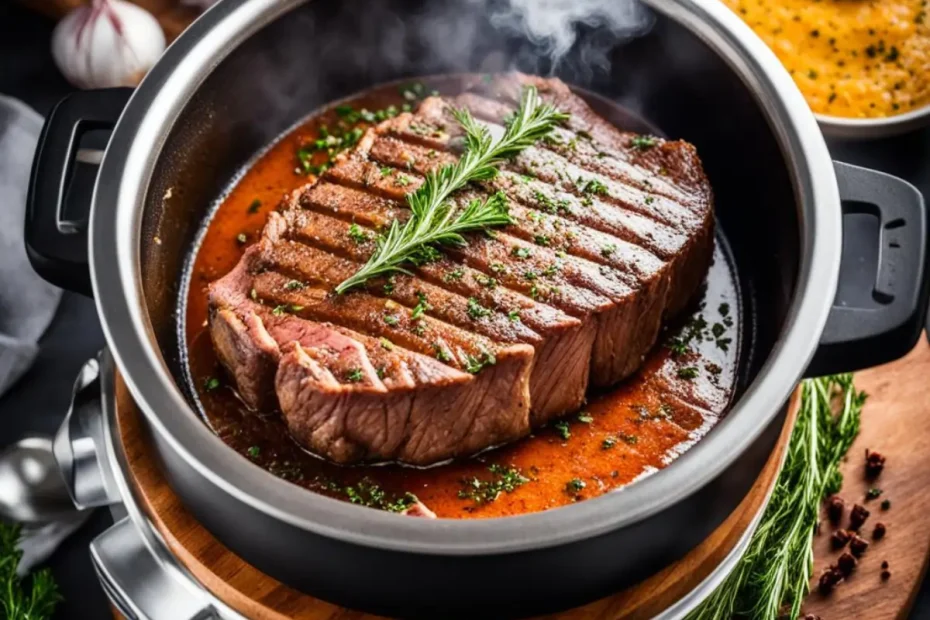 Uma picanha sendo feito na panela de pressão.