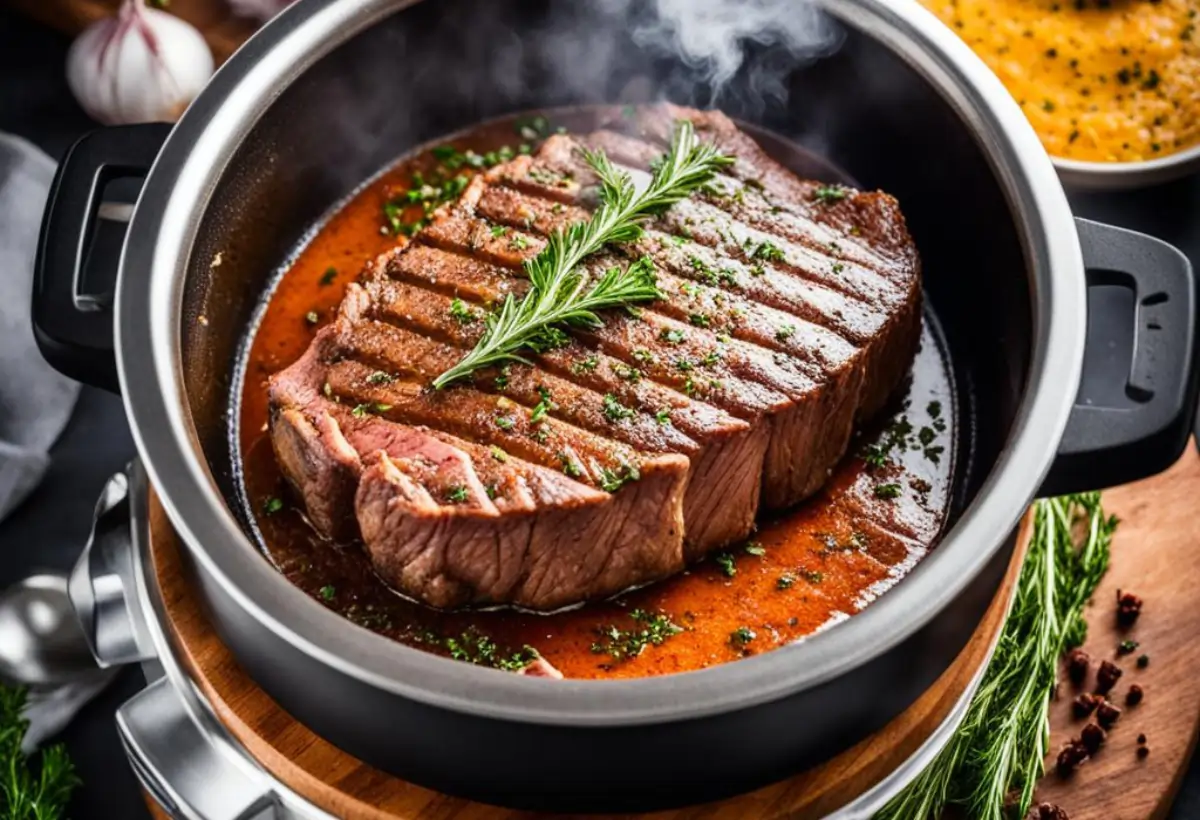 Uma picanha sendo feito na panela de pressão.