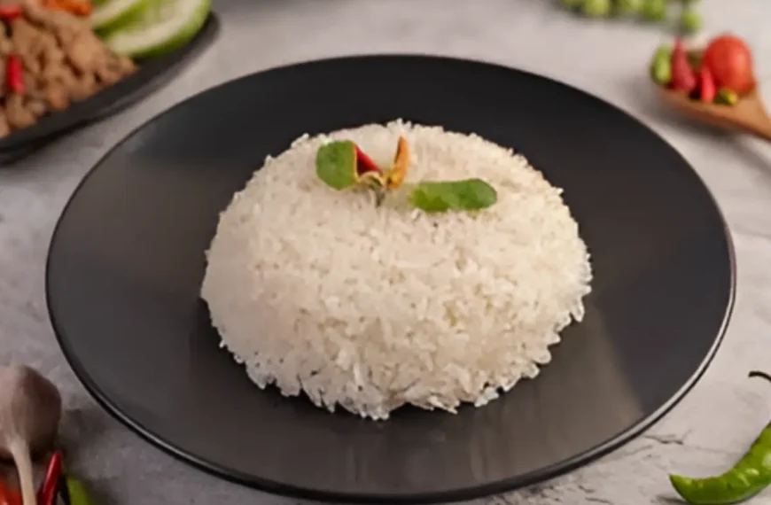 Um prato com arroz branco feito na panela de pressão pronto para ser servido.