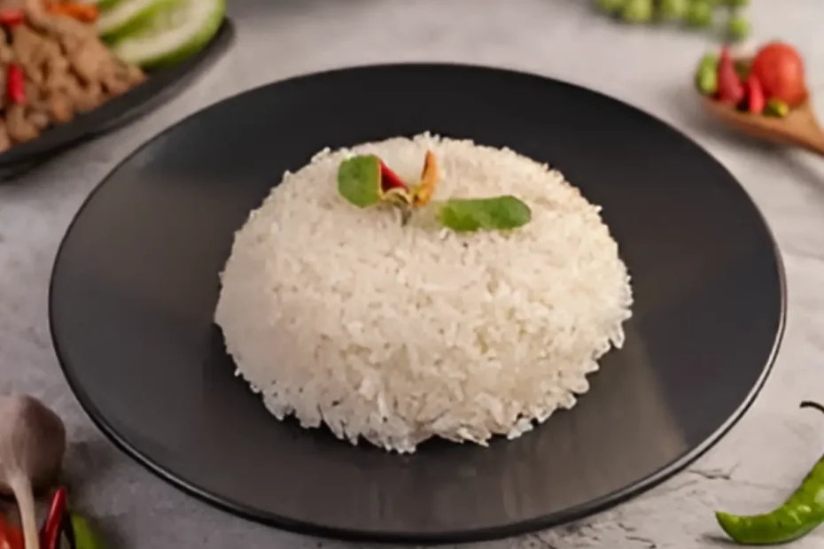 Um prato com arroz branco feito na panela de pressão pronto para ser servido.