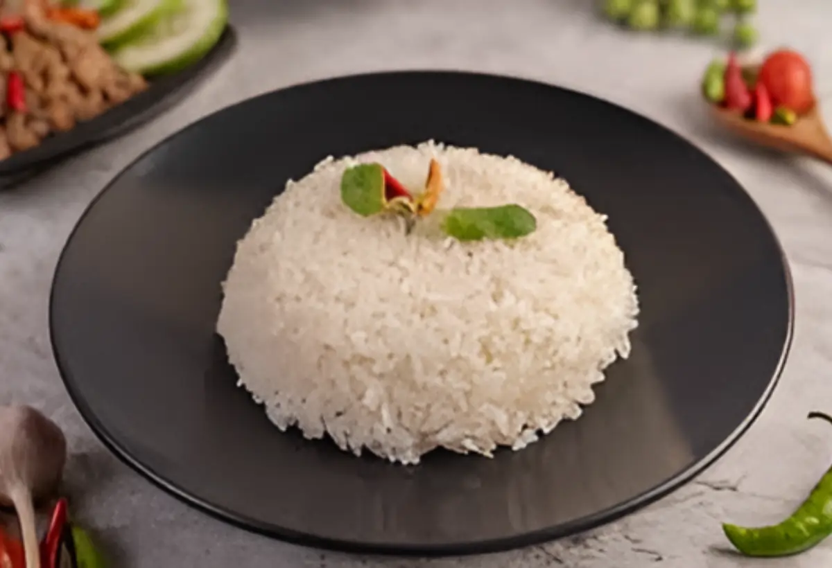 Um prato com arroz branco feito na panela de pressão pronto para ser servido.