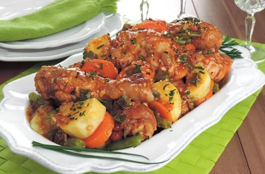 Uma travessa de coxa de frango na panela de pressão.