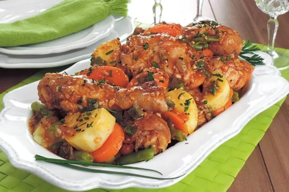 Uma travessa de coxa de frango na panela de pressão.