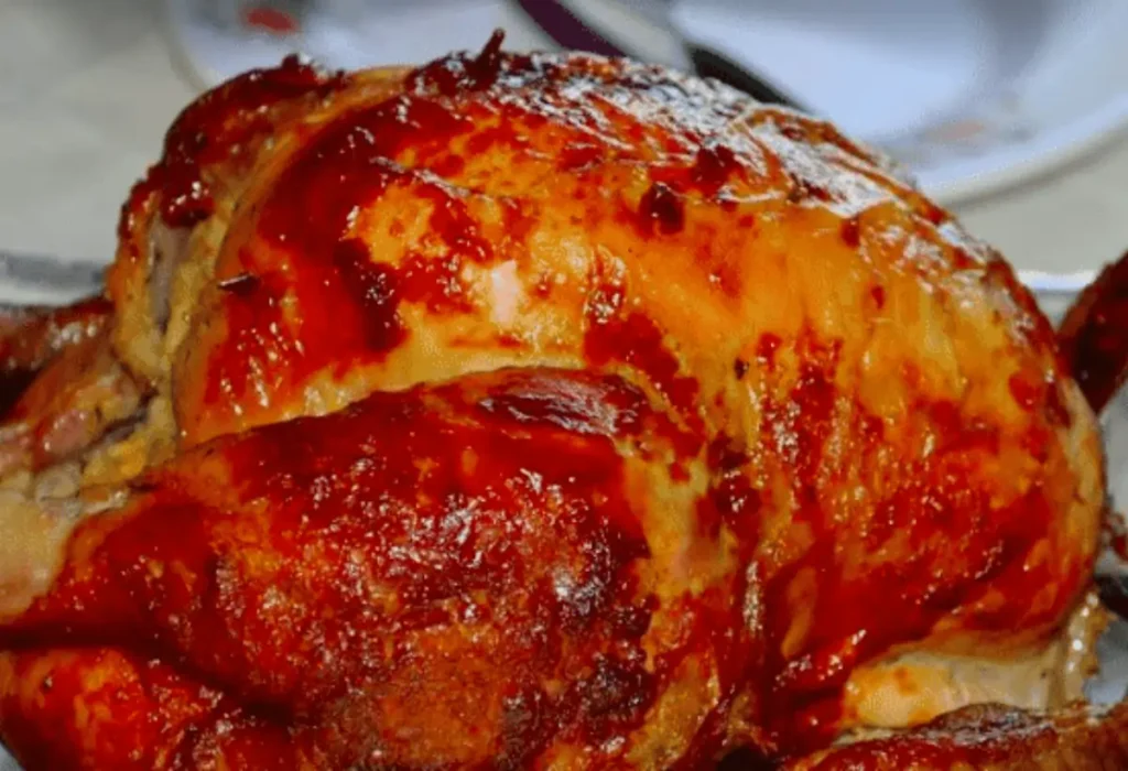 Um frango assado na panela de pressão pronto para ser servido.