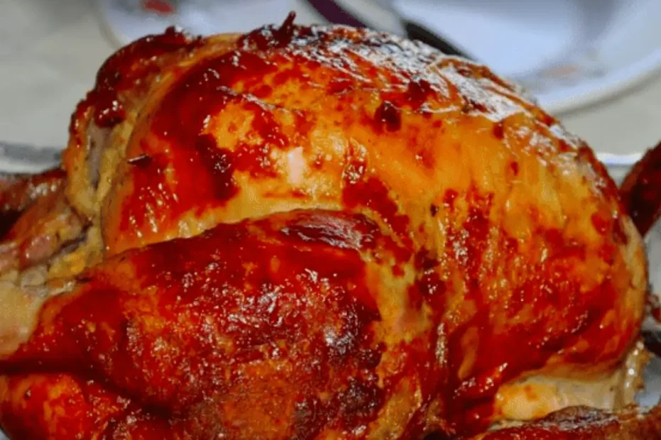 Um frango assado na panela de pressão em uma mesa pronto para ser servido.