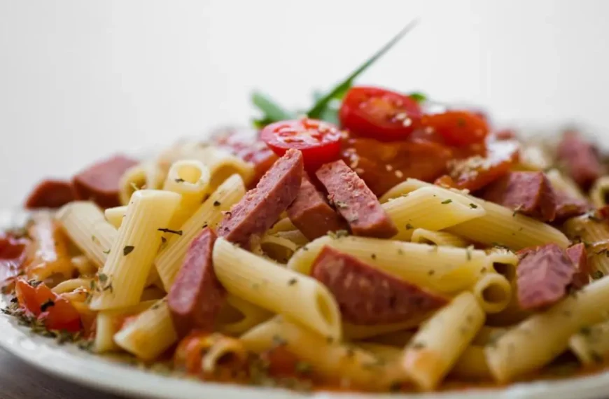 UM PRATO COM MACARRONADA COM CALABRESA FEITO NA PANELA DE PRESSÃO PRONTO PARA SER SERVIDO.