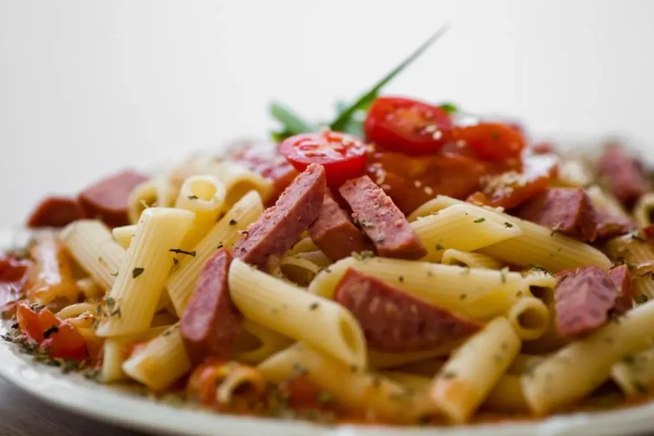 UM PRATO COM MACARRONADA COM CALABRESA FEITO NA PANELA DE PRESSÃO PRONTO PARA SER SERVIDO.