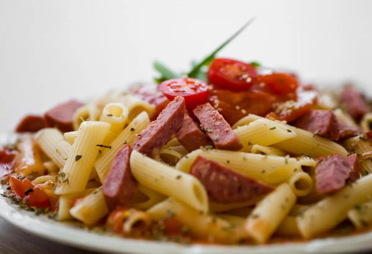 UM PRATO COM MACARRONADA COM CALABRESA FEITO NA PANELA DE PRESSÃO PRONTO PARA SER SERVIDO.
