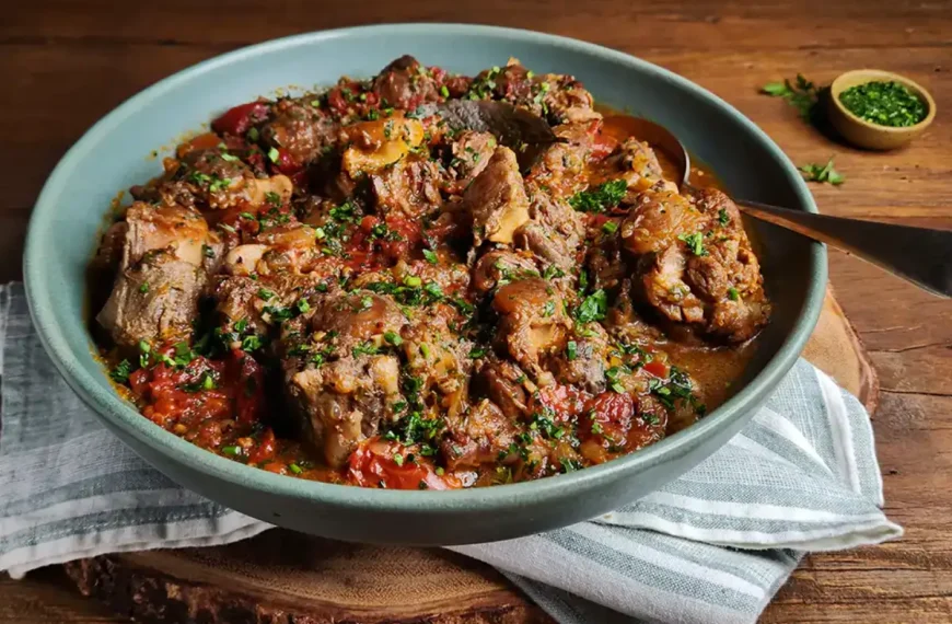 Uma rabada feita na panela de pressão pronta para ser servida em cima de uma mesa.