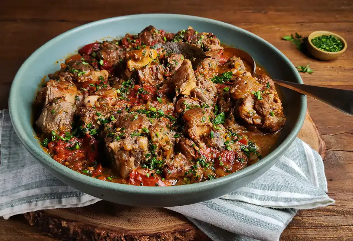 Uma rabada feita na panela de pressão pronta para ser servida em cima de uma mesa.