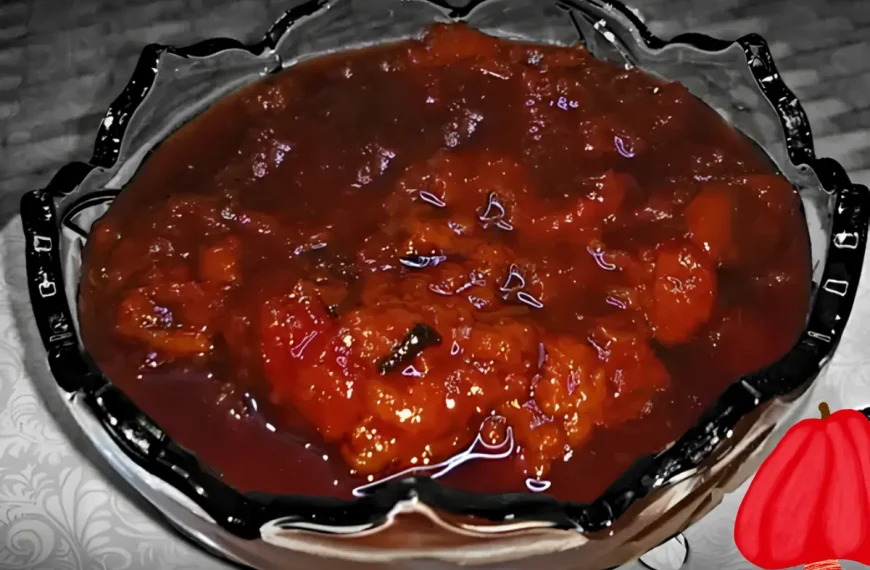 Uma tigela de vidro com doce de caju feito na panela de pressão.