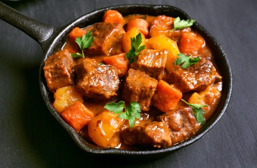 Carne de alcatra feito na panela de pressão pronto para ser servida em uma mesa.