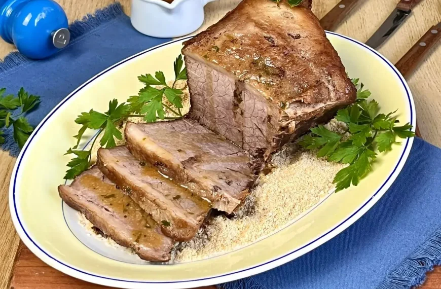 Um prato com carne de colchão duro feito na panela de pressão pronto para ser preparado.