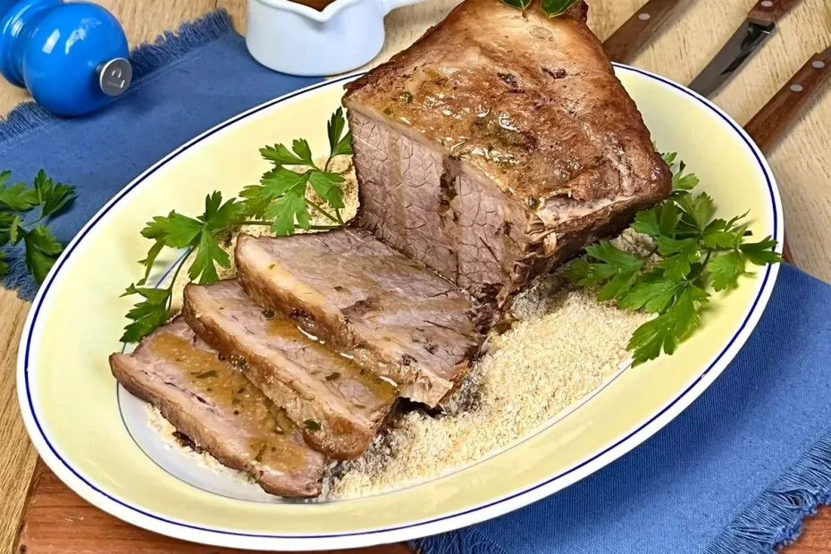 Um prato com carne de colchão duro feito na panela de pressão pronto para ser preparado.