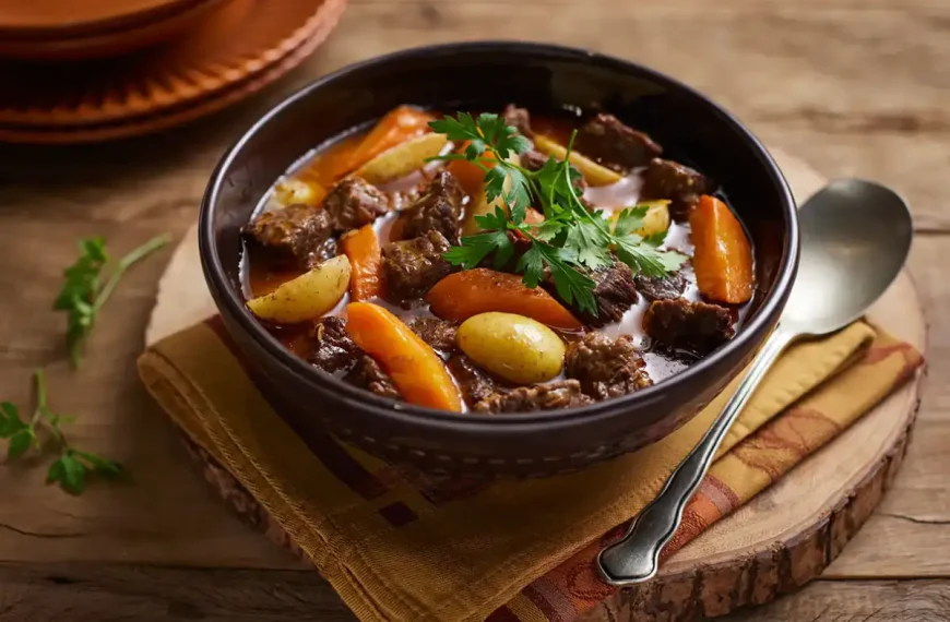 Um cozido de carne com legumes feito na panela de pressão em uma mesa pronto para ser servido.
