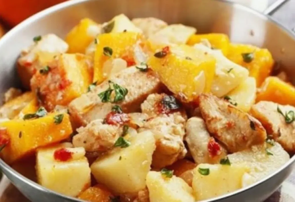 Frango com batata sendo preparado em uma panela de pressão.